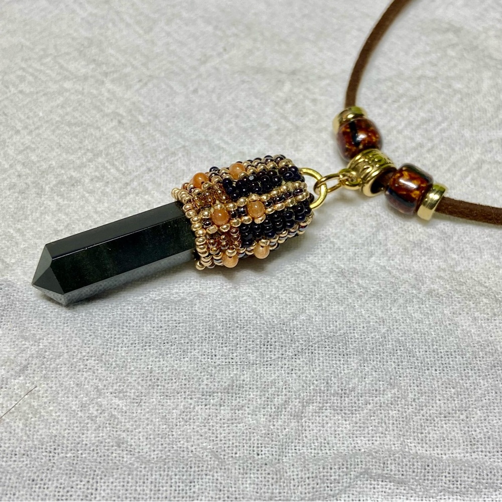 Golden Sheen Obsidian Hand Beaded Stone Point Pendant Necklace Red Agate